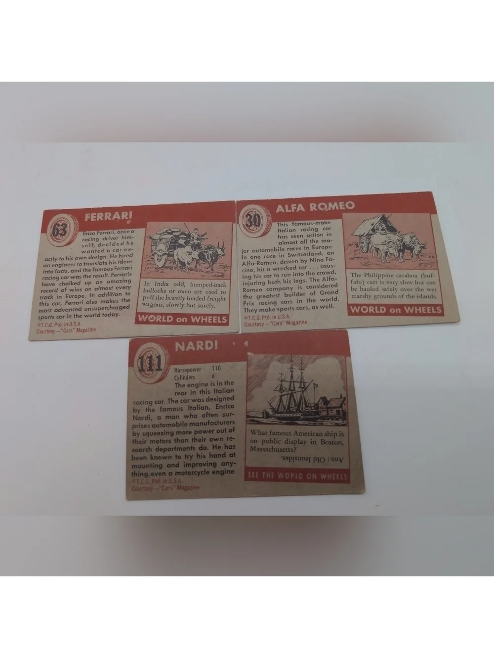 1954 Topps Car Card Set 3 Italian Race Cars Ferrari, Alfa Romeo, Nardi